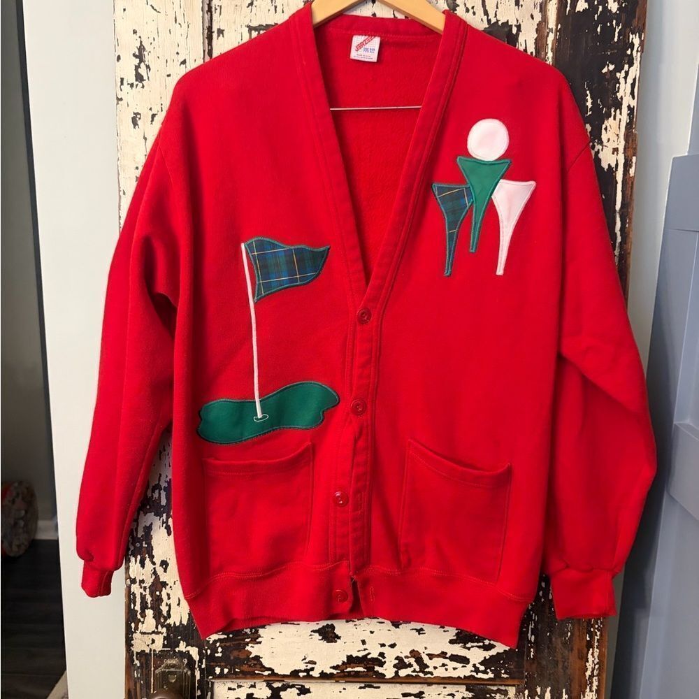Golf-Themed vintage Jerzees red unisex Cardigan. OSFA. Made in the USA.